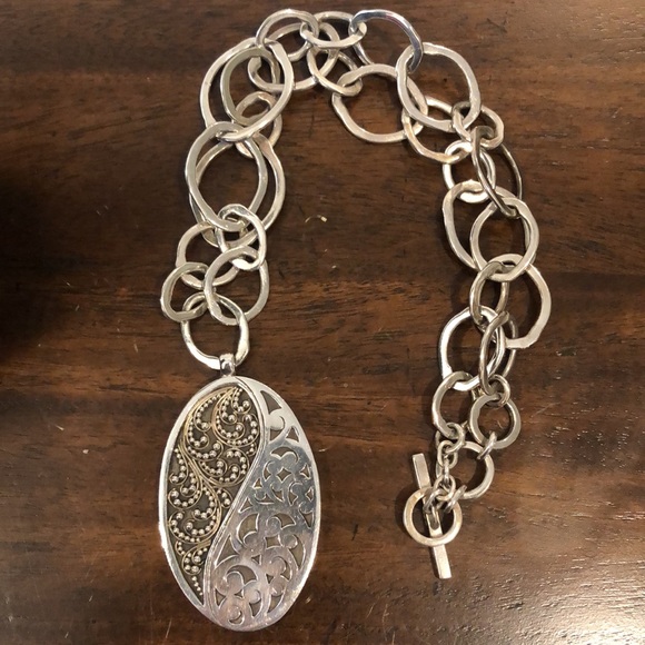 LOIS HILL Yin Yang Cut Out Granulated Oval Pendant Oval Link Toggle Necklace 925 - Picture 7 of 16